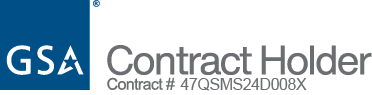 A logo featuring a blue square with the letters "GSA" and text reading "Contract Holder Contract # 47QSWH24D008X," alongside an icon of an AC unit.